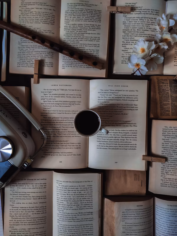 Open book with coffee
